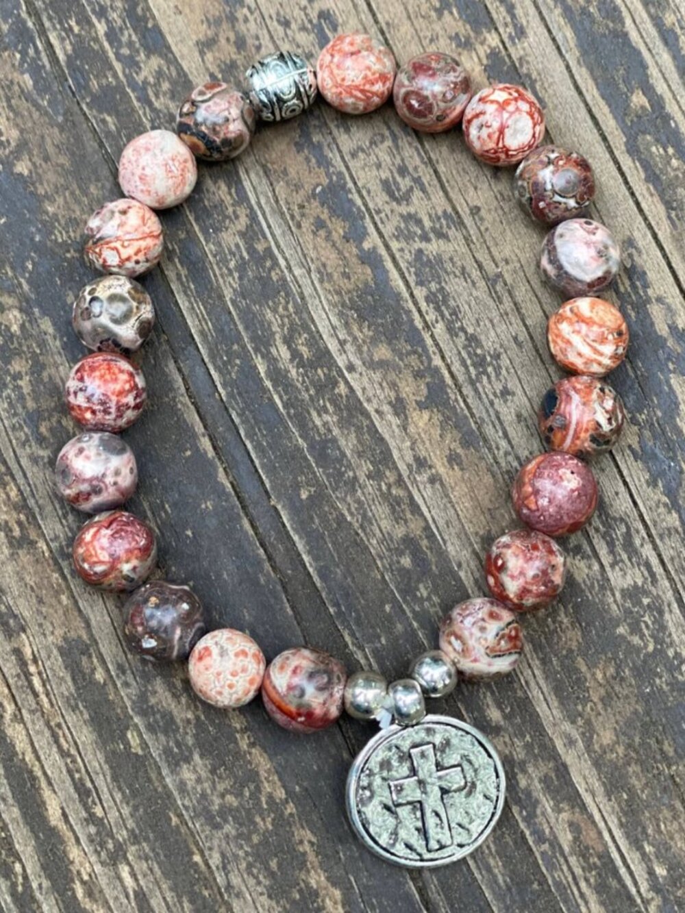 Natural Stone Cross Charm Stretchy Bracelet